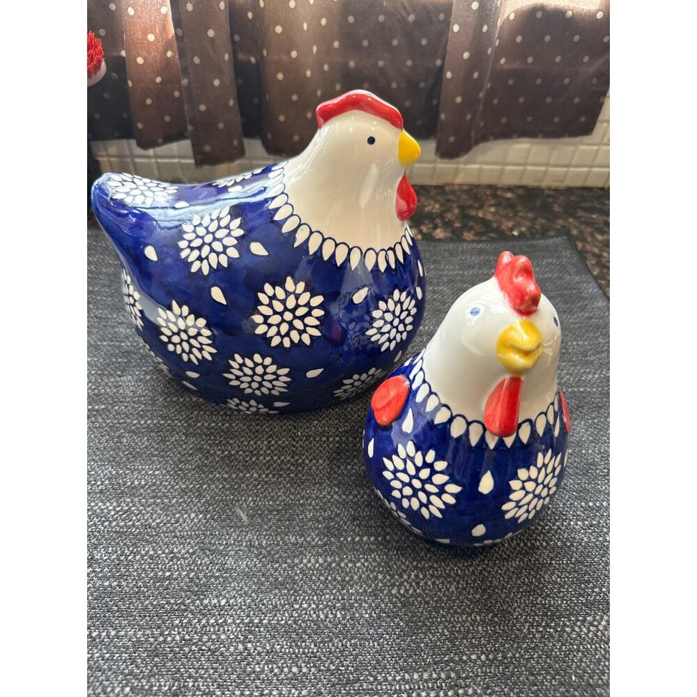Ceramic Mikasa Chicken Decorations Set Of 2 Blue & White With Floral Pattern